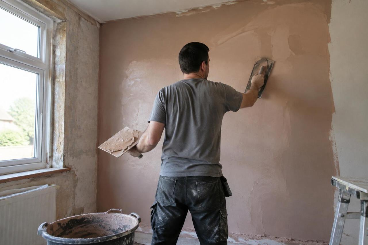 Illustrative image of a plasterer finishing a wall in a UK house refurbishment