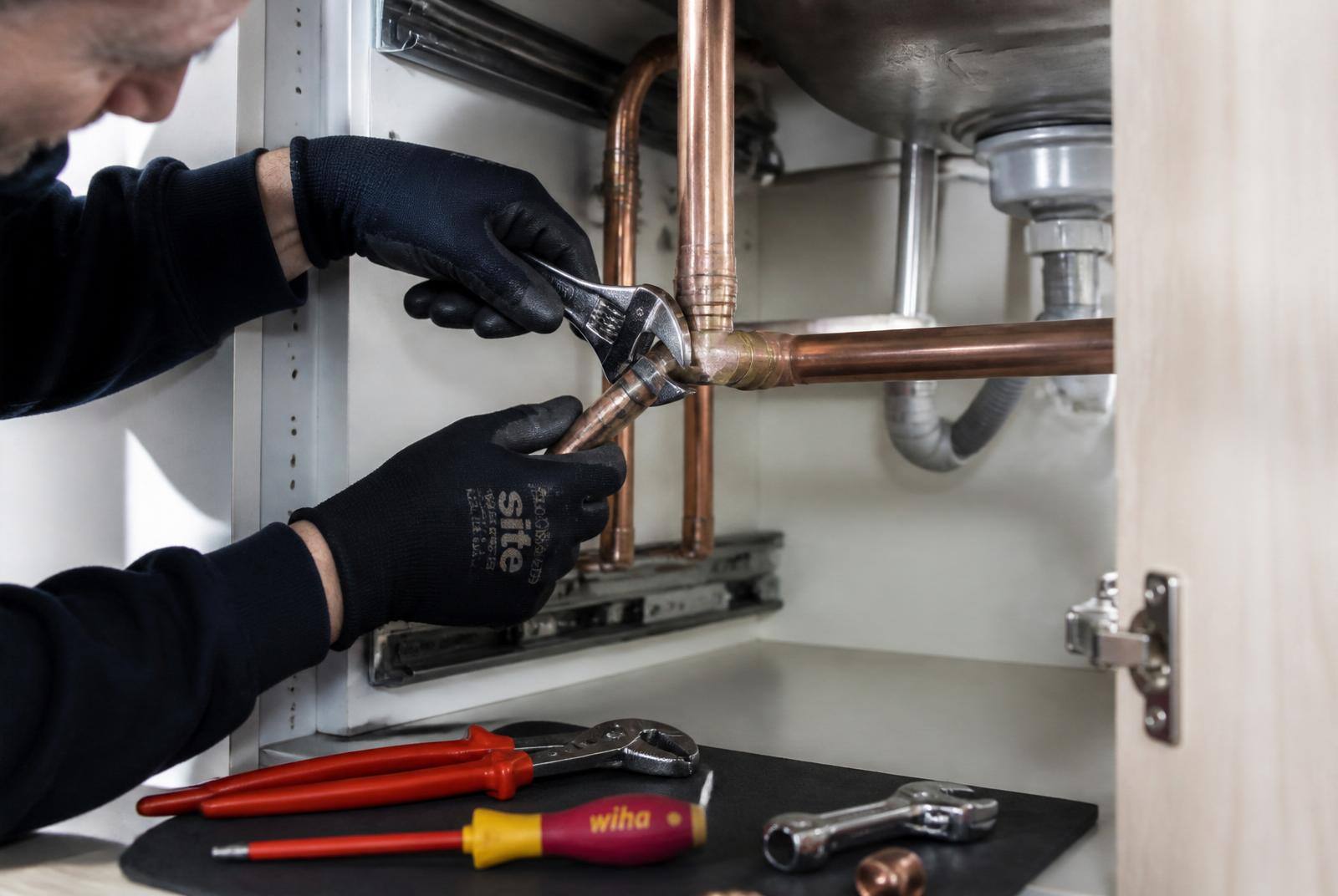 Plumber working on copper pipework under a sink